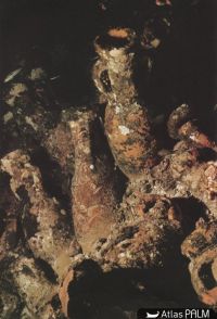 Détail du tumulus d'amphores lors de sa découverte (Cliché Ph. Tailliez, d'après Gianfrotta, Pomey 1981, p. 36 © Ph. Taillez)