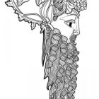 Détail du masque dionysiaque décorant la situle en bronze vue de côté, dessin (Dessin M. Rival-CCJ-CNRS © CCJ-CNRS)