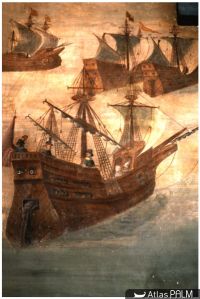 Une nave génoise au XVIe siècle. Fresque de Giovanni Baptista dit Il Genovese, château d'Alvaro de Bazán, Santa-Cruz, Espagne (© A. Cazenave de la Roche)