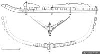 Coupe longitudinale et les deux coupes transversales extrêmes de la coque, dessin (D’après LIOU 1975, fig. 10 © DRASSM)