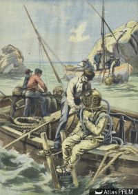 Scaphandriers intervenant sur le site du naufrage (archives Joncheray, d'après Naufrages en Provence, Fasc. 18, 1997 , p. 1145)