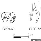Estampille et graffito sur amphores de type indéterminé (dessin M. Sciallano, d'après Marlier, Sciallano 2008, p. 131, fig. 23)