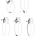 Amphores de productions tarraconnaise : Oberaden 74 (n. 1), Tarraconaise 1A (n. 2) et 1B (n. 3-5).  (Dessin G. Frommherz, © G. Frommherz/DRASSM)  