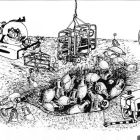 Croquis des différentes opérations sur l’épave : le blaster dévase la partie centrale de l’épave pendant que le ROV et le sous-marin préparent la phase photogrammétrique  et la numérotations des objets. (Dessin L.Long, © L.Long/DRASSM)  