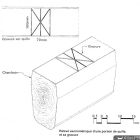 Relevé axionométrique d'une portion de quille et de sa gravure (dessins Chris Brandon, dans Joncheray et alii 2007, p. 221 © Chris Brandon/DRASSM )