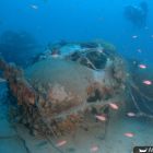 Vue sous-marine de l'avant du Heinkel 111 avec la mitrailleuse de nez encore en place (Cliché E. Tarantino, source www.notteesale.it © E. Tarantino)